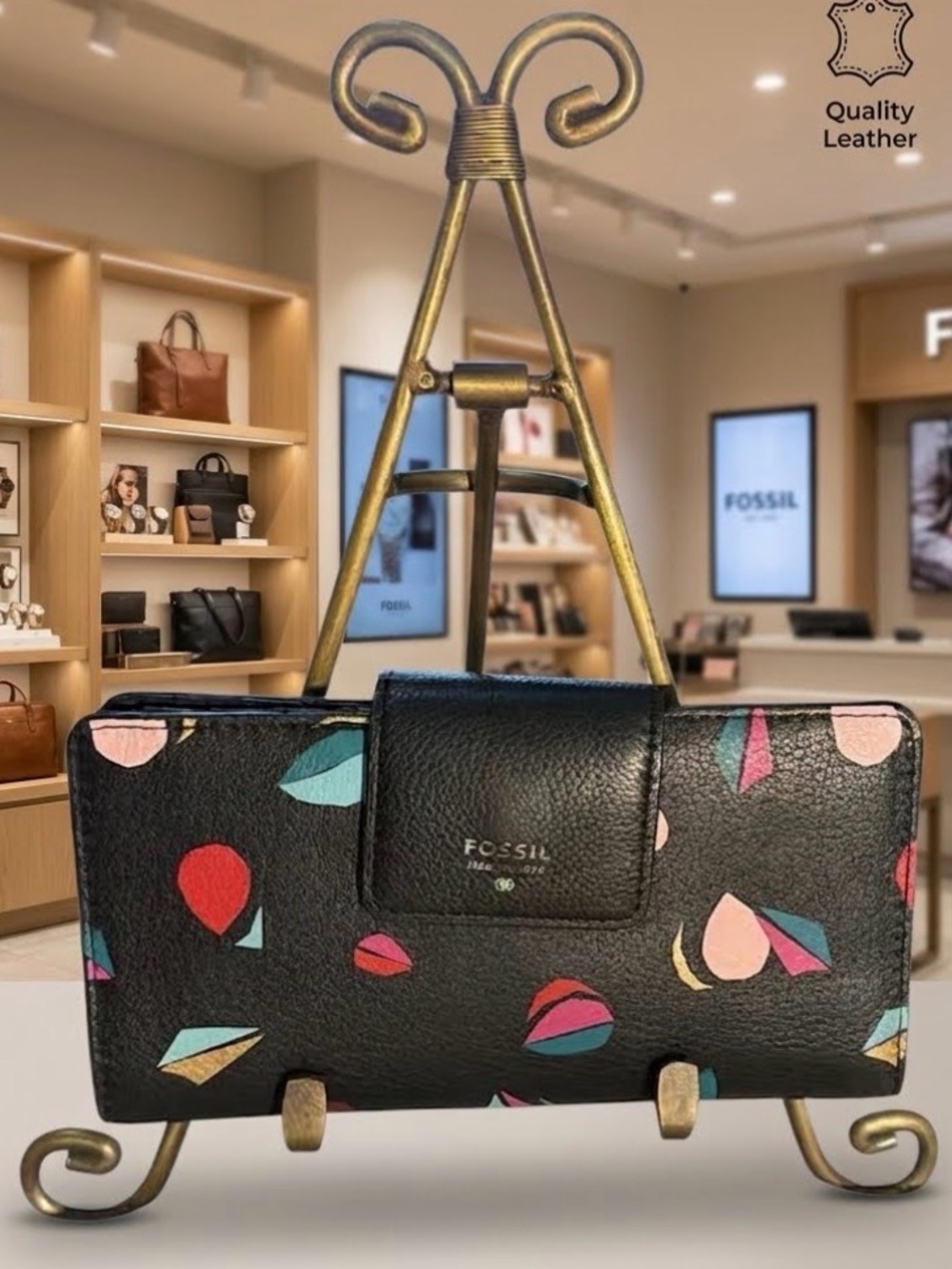 Fossil Black Leather Continental Wallet with Multicolor Teardrop Motif - Picture 1 of 5